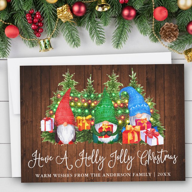 Fun Calligraphy Wood Holly Jolly Christmas Gnomes Holiday Card (Customize to add text to back of card.)