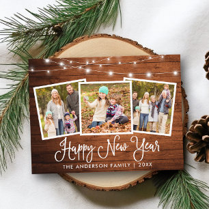 Fun Calligraphy Wood Lights 3 Photo Happy New Year Postcard