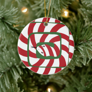 Fun Candy Cane Red Striped Abstract Snake Ceramic Ornament