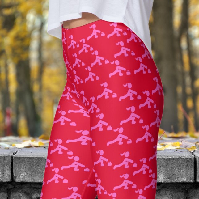 Fun Candy Red and Pink Womens Curling Pattern Leggings (Womens Curling on Candy Apple Red Leggings)