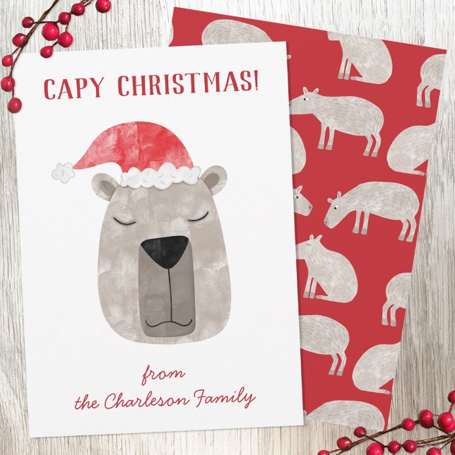 Fun Capybara Personalised Christmas Holiday Card (Fun capybara personalized Christmas holidays card with original watercolor art by Nic Squirrell. )