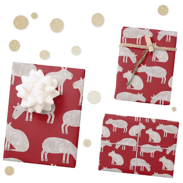 Fun Capybara Red Christmas Wrapping Paper Sheet (Fun capybara red pattern Christmas gift wrap for the winter holidays.)