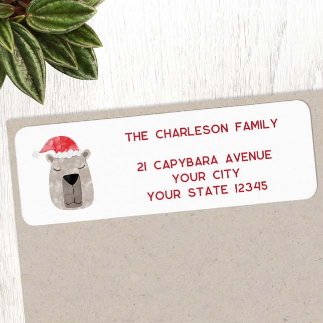 Fun Capybara Santa Hat Return Address Label (Fun Capybara Santa Hat whimsical holiday personalized return address labels)