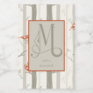 Fun Cardinals in Birch Trees Monogram M Custom Wine Label