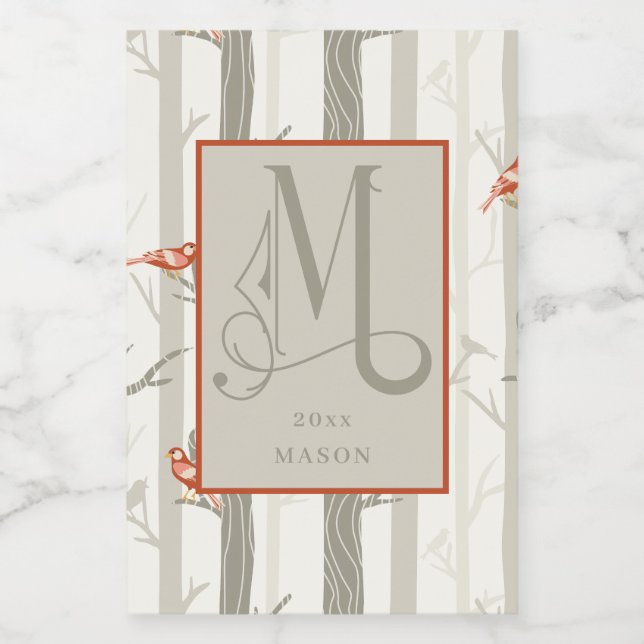 Fun Cardinals in Birch Trees Monogram M Custom Wine Label (Single Label)