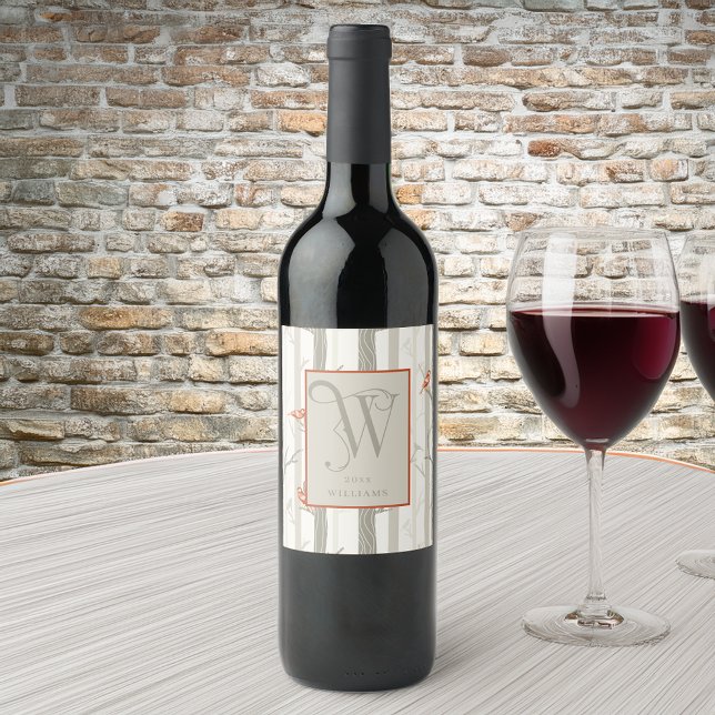 Fun Cardinals in Birch Trees Monogram W Wine Label (CELEBRATE WITH PERSONALIZED WINE LABELS)