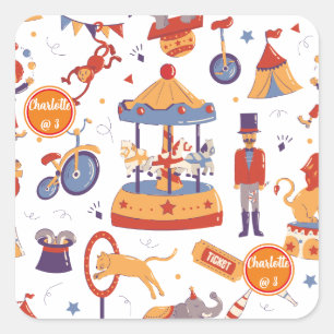 Fun Carnival Kids' Birthday Circus Pattern  Square Sticker