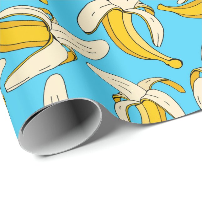 Fun Cartoon Bananas Aqua Blue Yellow Fruit Pattern Wrapping Paper (Roll Corner)