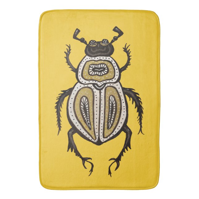 Fun Cartoon Beetle Ink Drawn Insect Art on Yellow Bath Mat (Front Vertical)