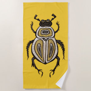 Fun Cartoon Beetle Ink Drawn Insect Art on Yellow Beach Towel
