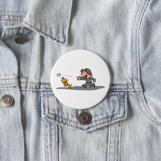 Fun Cartoon Boy and Dog Playing Fetch  7.5 Cm Round Badge (Creator Uploaded)