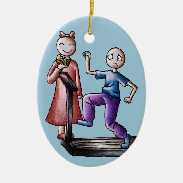 Fun Cartoon Couple Treadmill Boy and Cookie Girl Ceramic Tree Decoration (Front)