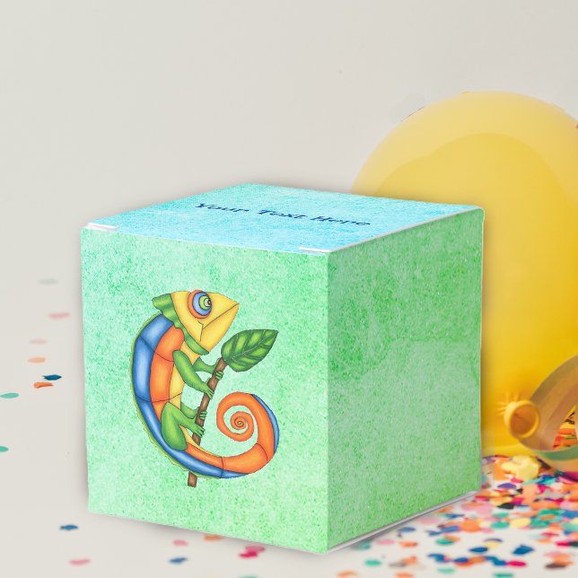 Fun Cartoon Lizard Leaf Bright Colours Blue Green Favour Box (Cartoon Lizard in bright colours leaf on stick on mottled green blue mix Birthday favor or gift box.)