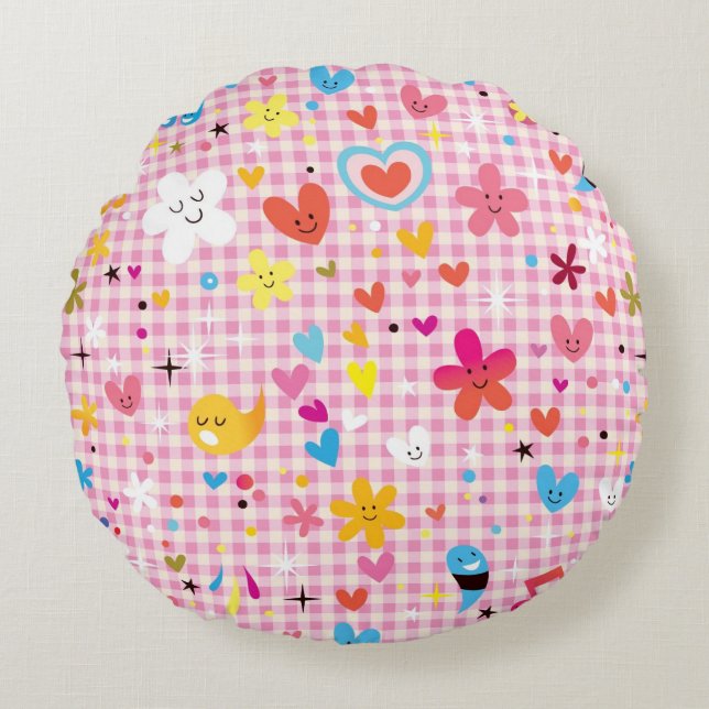 fun cartoon pattern pink round cushion (Front)