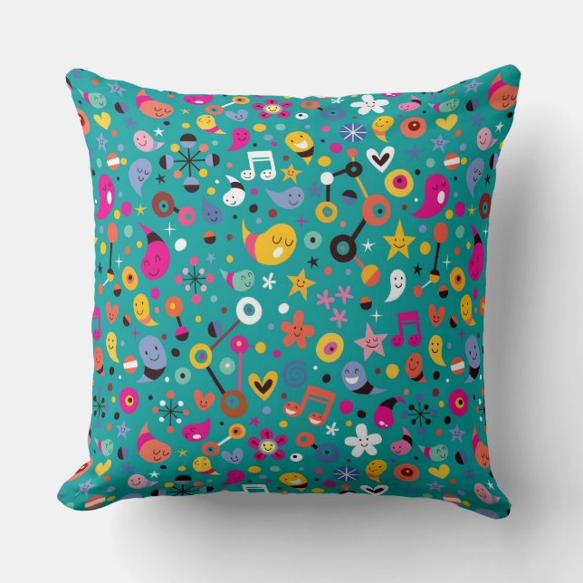 fun cartoon pattern teal cushion (Front)