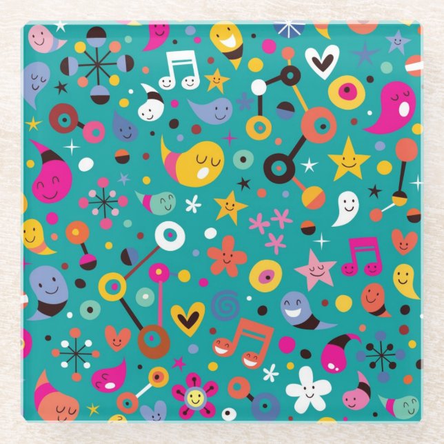 fun cartoon pattern teal glass coaster (Front)