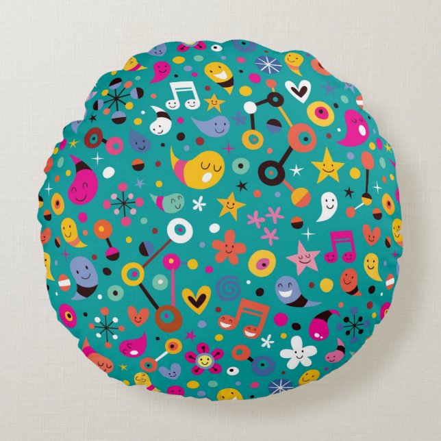 fun cartoon pattern teal round cushion (Front)