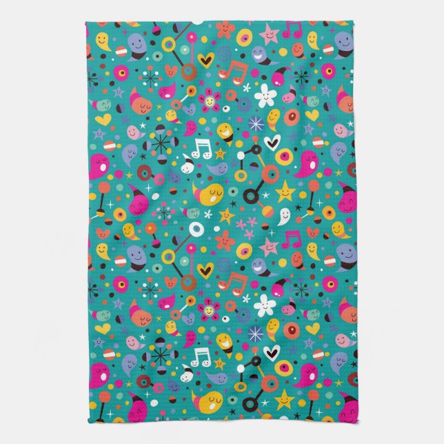 fun cartoon pattern teal tea towel (Vertical)