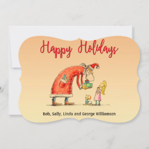 Fun Cartoon Santa Delivers Gifts Fancy Cut Holiday Card