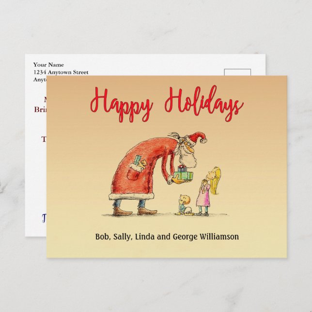 Fun Cartoon Santa Delivers Gifts Happy Holidays Postcard (Front/Back)