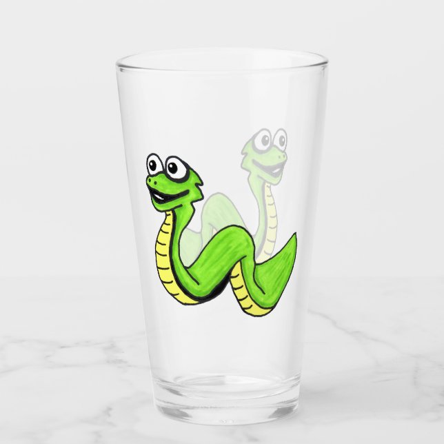 Fun Cartoon Snake Bright Green Yellow Smiling Glass (Front)