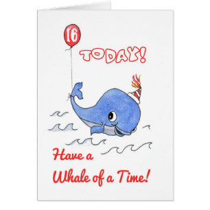 Fun Cartoon Whale and Balloon 16th Birthday Card