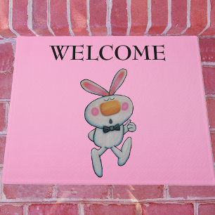 Fun Cartoon White Bunny Thumbs Up Sign Bow Tie Doormat