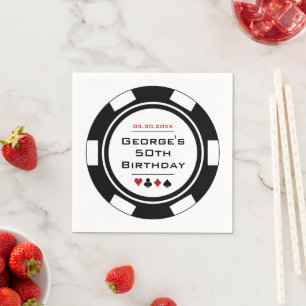 Fun Casino Poker Chip in Black and White Birthday Napkin