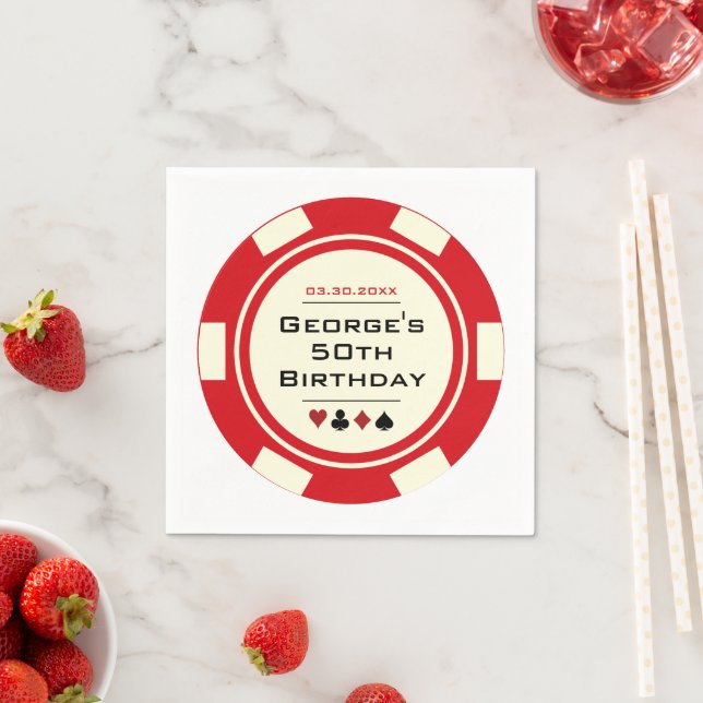 Fun Casino Poker Chip in Red and Cream Birthday Napkin (Insitu)