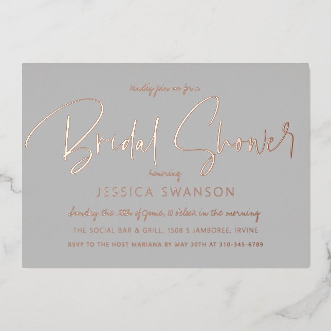 Fun Casual Script Grey Bridal Shower Rose Gold (Front)