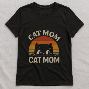 Fun Cat Mom Tee; Peeking Cat Retro Sunset Graphic T-Shirt