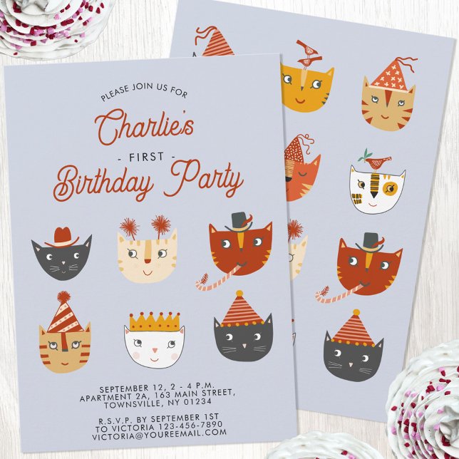 Fun Cat Personalised 1st Birthday Party Invitation (Personalized cute kitty cat first birthday party invitation)
