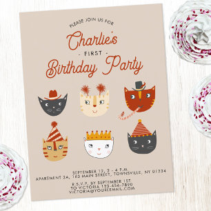 Fun Cat Personalised 1st Birthday Party Invitation Postcard