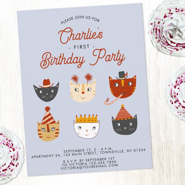 Fun Cat Personalised 1st Birthday Party Invitation Postcard (Fun kitty cat first birthday party invitation postcard for animal lovers)