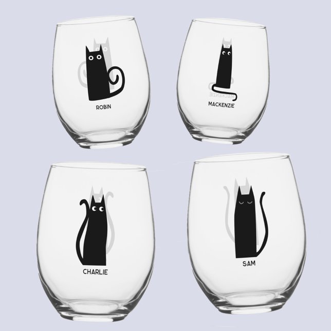 Fun Cat Personalised Unique Stemless Wine Glass (Fun personalized name black cat glasses)