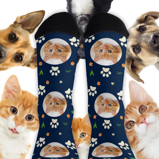 Fun Cat Photo Navy Blue Tropical Hawaiian Socks (Creator Uploaded)