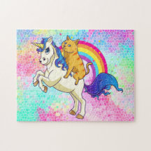 Fun Cat Riding A Unicorn On A Rainbow Background