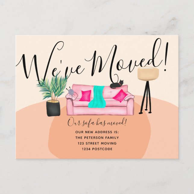 Fun cat sofa illustration moving announcement postcard (Front)
