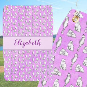 Fun cats on purple with custom name ladies golf towel