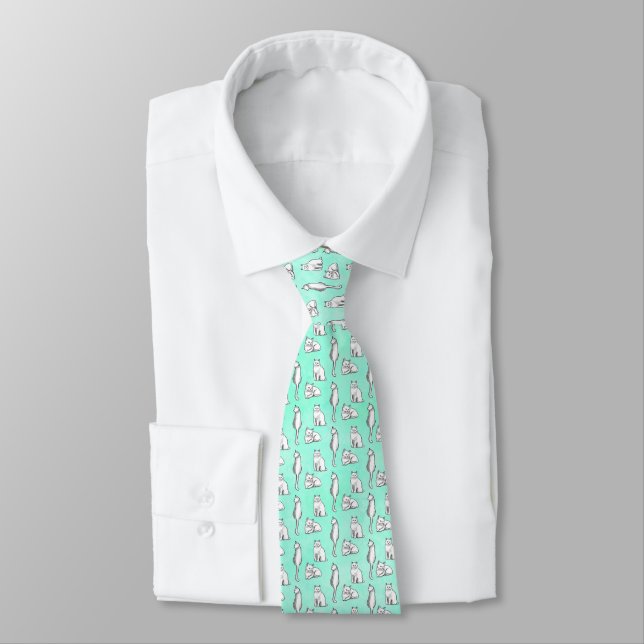 Fun cats pattern hand drawn teal tie (Tied)
