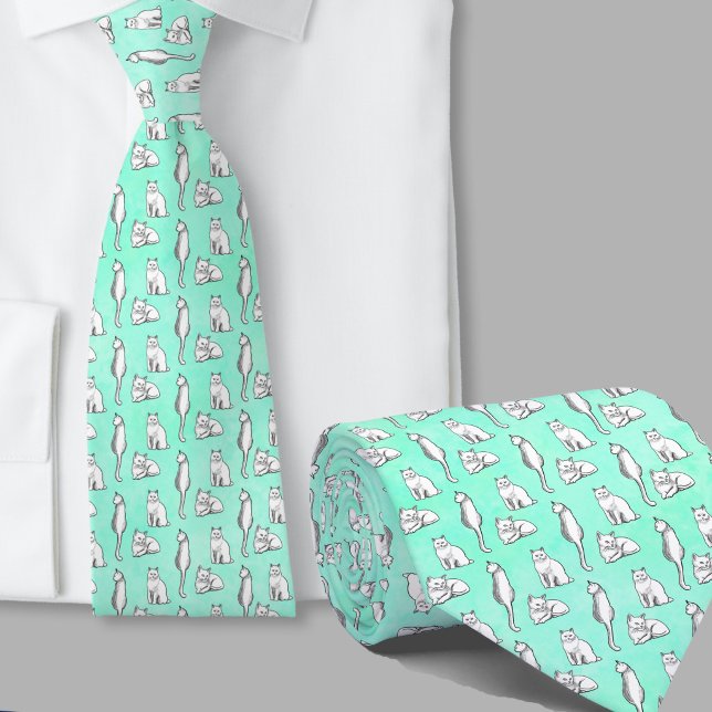 Fun cats pattern hand drawn teal tie (Creator Uploaded)