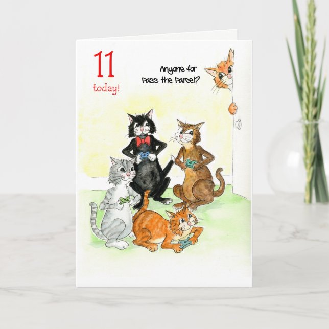 Fun Cats Playing Video Game 11th Birthday Card (Front)