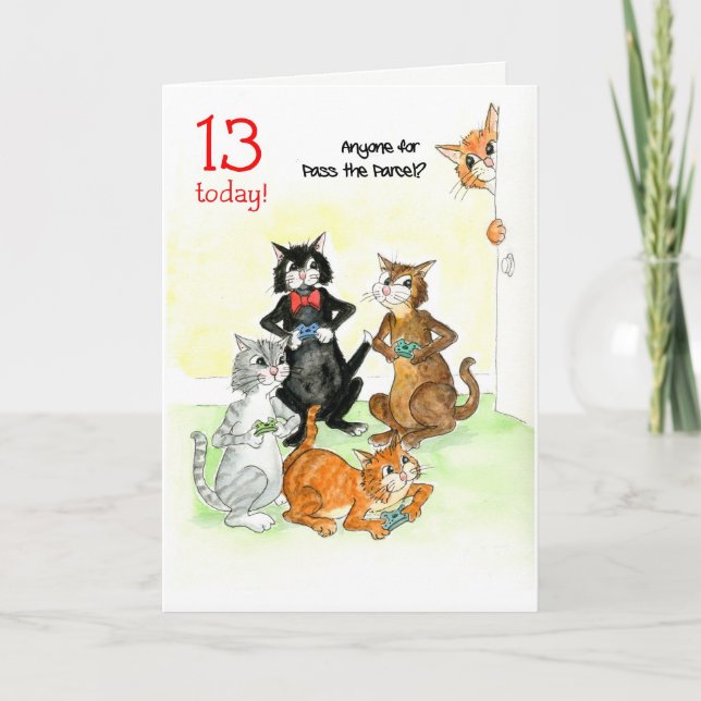 Fun Cats Playing Video Game 13th Birthday Card (Front)