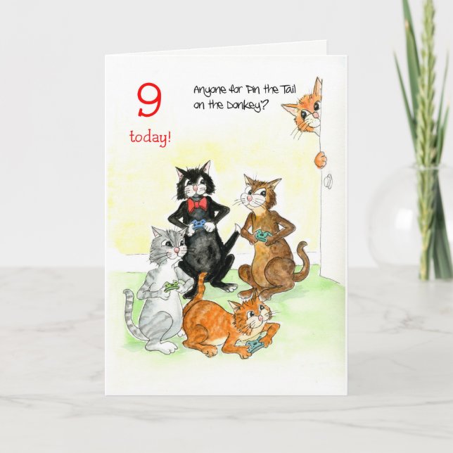 Fun Cats Playing Video Game 9th Birthday Card (Front)