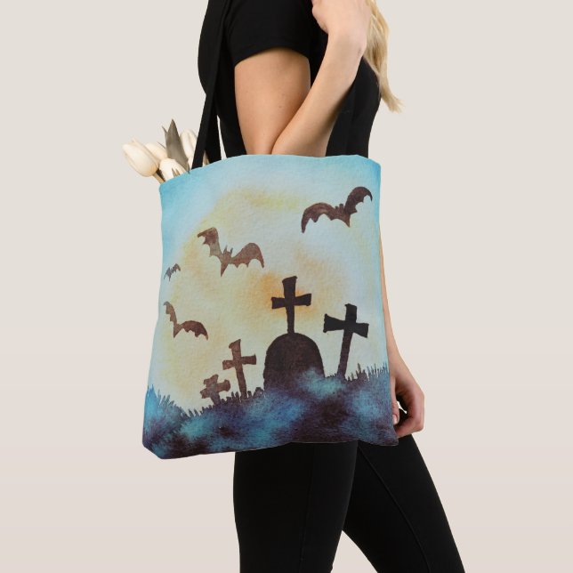 Fun Cemetery Graves Crossed Full Moon Halloween Tote Bag (Close Up)