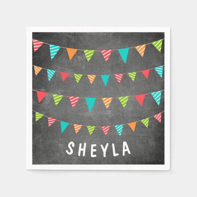 Fun Chalkboard Bunting Flags Name Birthday Party Napkin (Front)