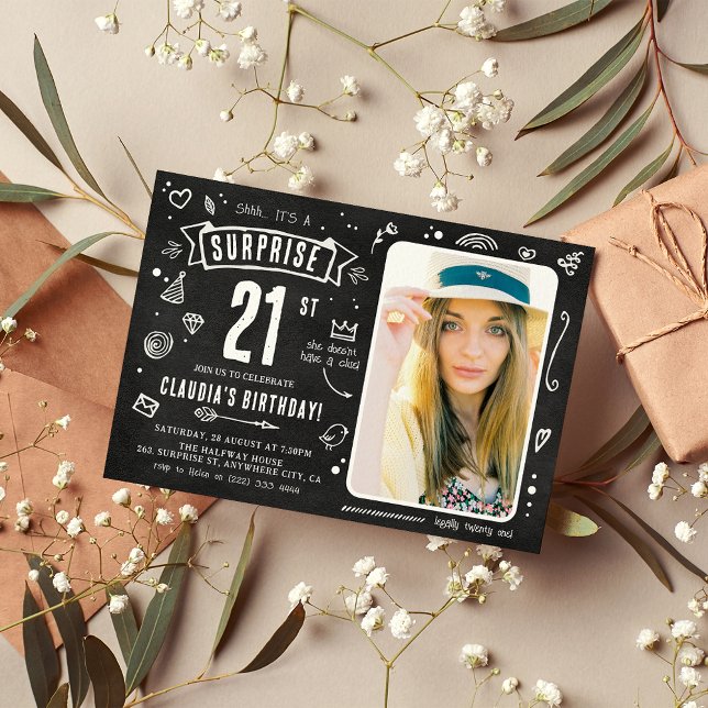 Fun Chalkboard Doodle Photo Surprise 21st Birthday Invitation (Creator Uploaded)