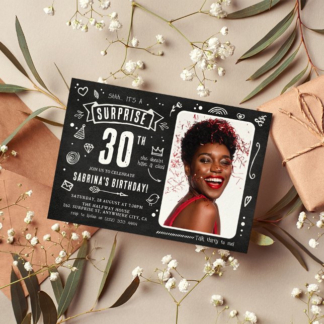 Fun Chalkboard Doodle Photo Surprise 30th Birthday Invitation (Creator Uploaded)