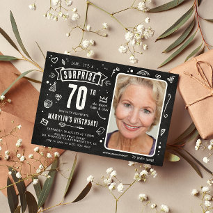 Fun Chalkboard Doodle Photo Surprise 70th Birthday Invitation