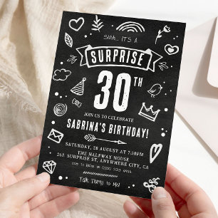 Fun Chalkboard Doodle Surprise 30th Birthday Invitation